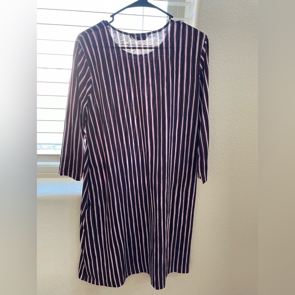 Marimekko 3/4 sleeve knee-length Dress in Eggplant and Pink Stripes